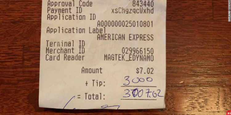 Customer drops $3,000 tip for restaurant staff on $7 bill
