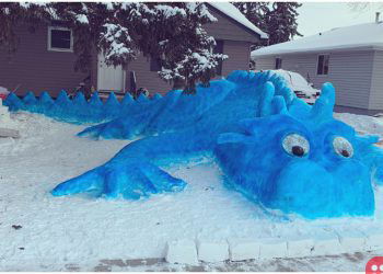 Canadian woman creates massive blue snow dragon in her driveway to spread cheer